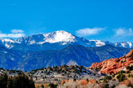 Southeast view of snow covered Pikes Peak from Garden of the Gods Park